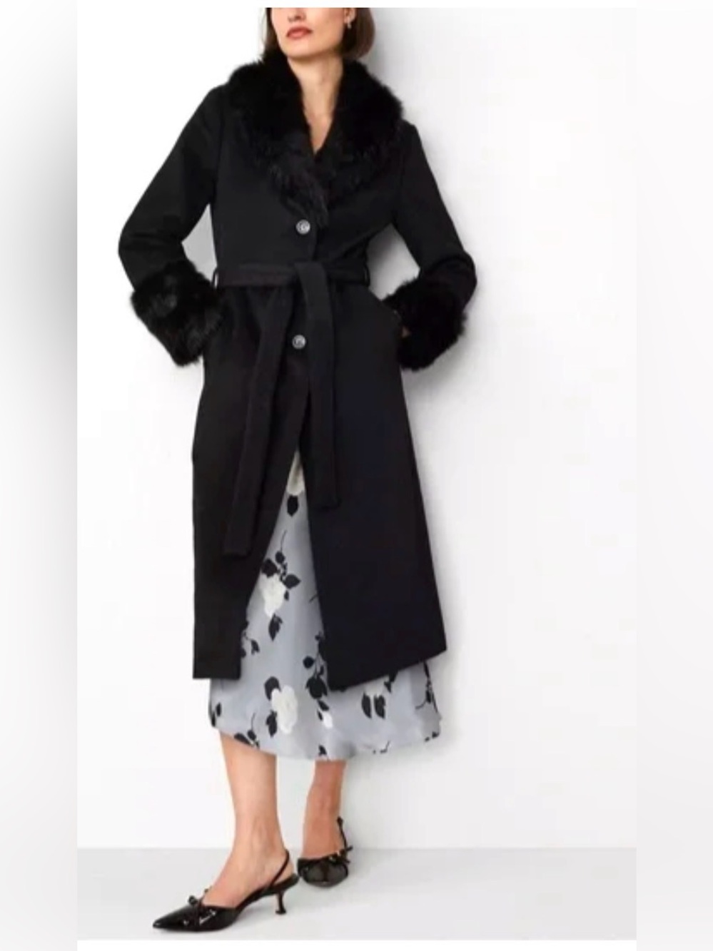 Ann Taylor Black Faux Fur Trim Coat